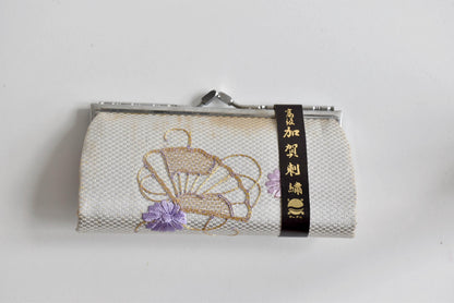 Kaga Embroidery Silk Clutch Purse With Silver Kiss-Lock front view with paper label