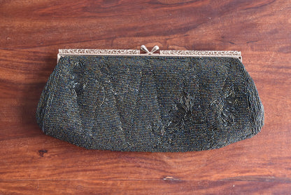 Japanese Beaded Clutch Floral Grey Glass Pearl Handbag back view