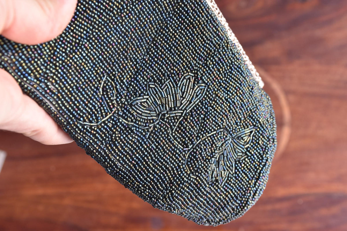 Japanese Beaded Clutch Floral Grey Glass Pearl Handbag bottom base detail