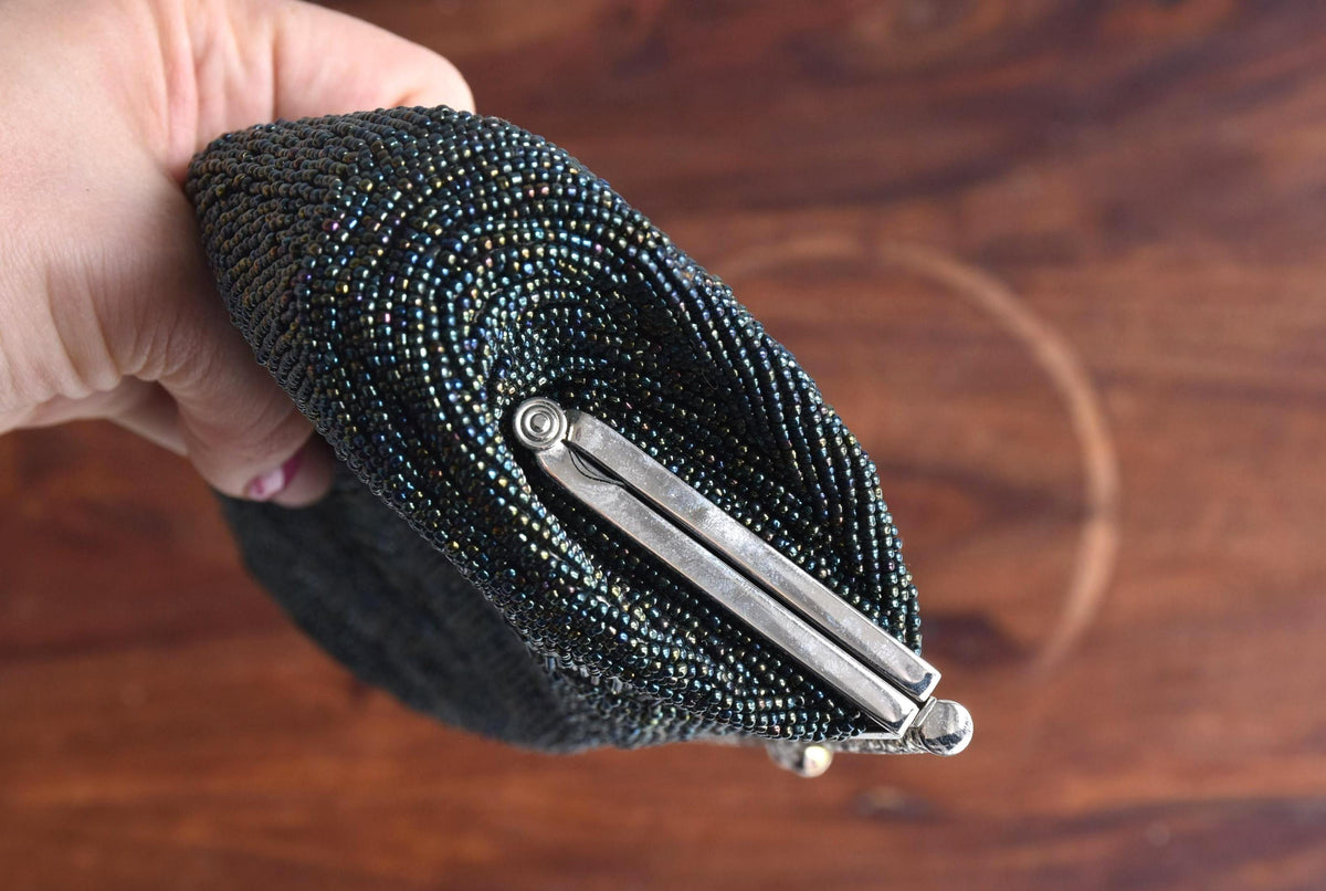 Japanese Beaded Clutch Floral Grey Glass Pearl Handbag side view showing depth