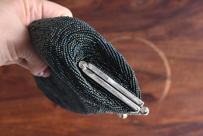 Japanese Beaded Clutch Floral Grey Glass Pearl Handbag side view showing depth