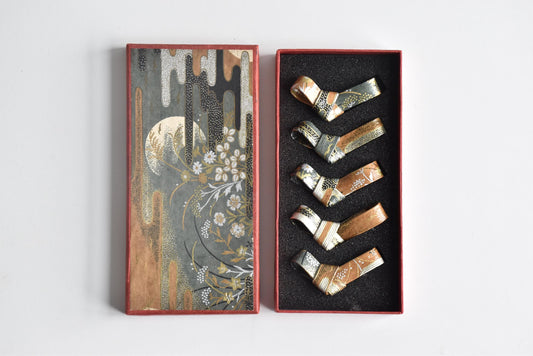 Japanese Washi Paper Chopstick Rests Red Kimono set of five hashioki in a decorative storage box