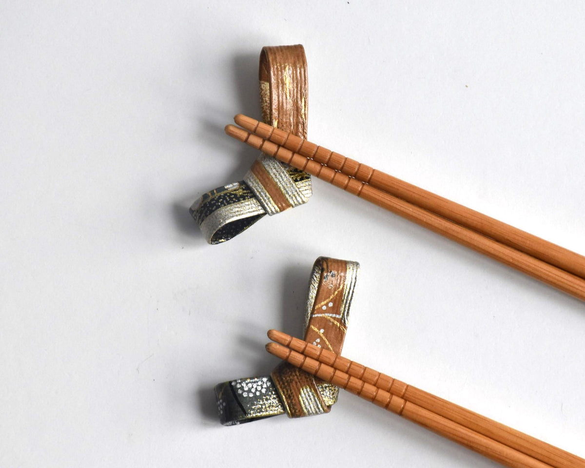 Japanese Washi Paper Chopstick Rests Red Kimono two hashioki holding wooden chopsticks in use