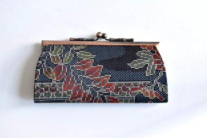Blue Oshima Tsumugi Silk Gamaguchi Coin Purse back view showing the silk mud-dyed fabric design