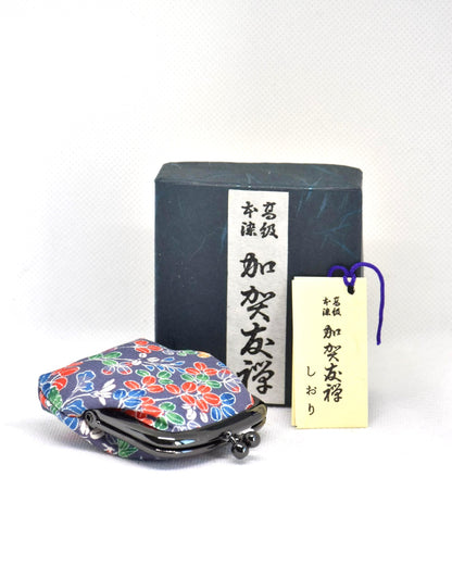 Kaga Yuzen Silk Gamaguchi Coin Purse Red Floral vintage Japanese coin purse with original box and label