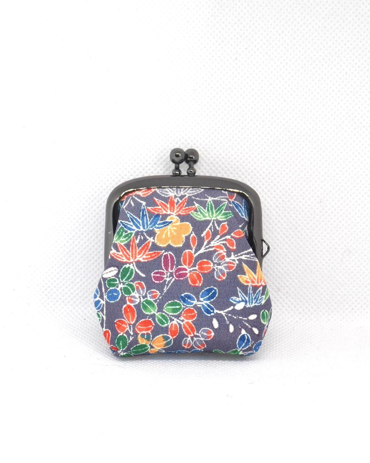 Kaga Yuzen Silk Gamaguchi Coin Purse front view showing the detailed floral and leaf pattern