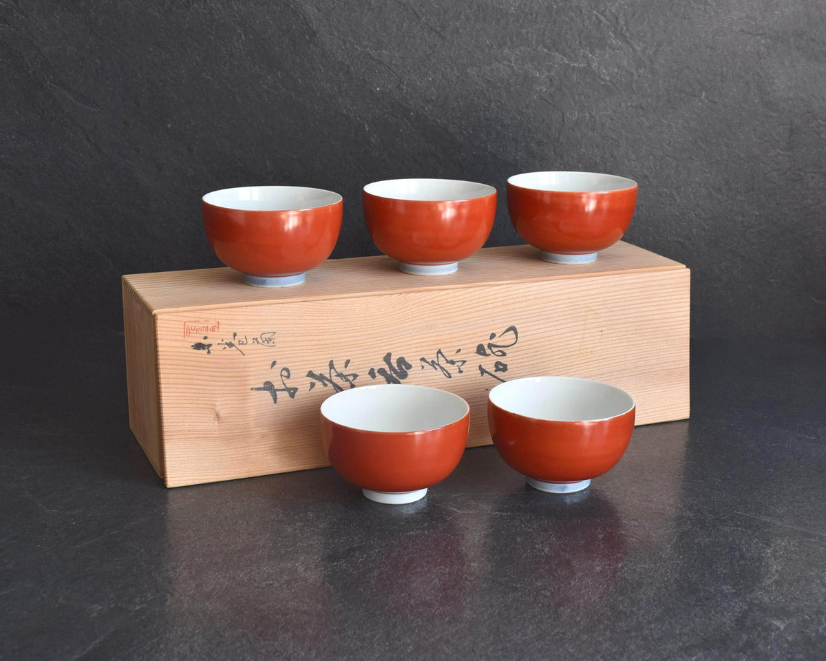 Koransha Red And White Porcelain Tea Cup Set featuring five vermilion bowls with original box