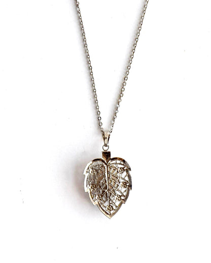 Okagaki Kōtoku vintage necklace full view with chain and filigree leaf pendant
