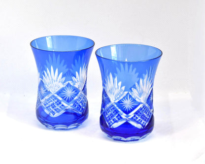 Cobalt Blue Kiriko Cut-Glass Sake Cup Pair displayed on white surface