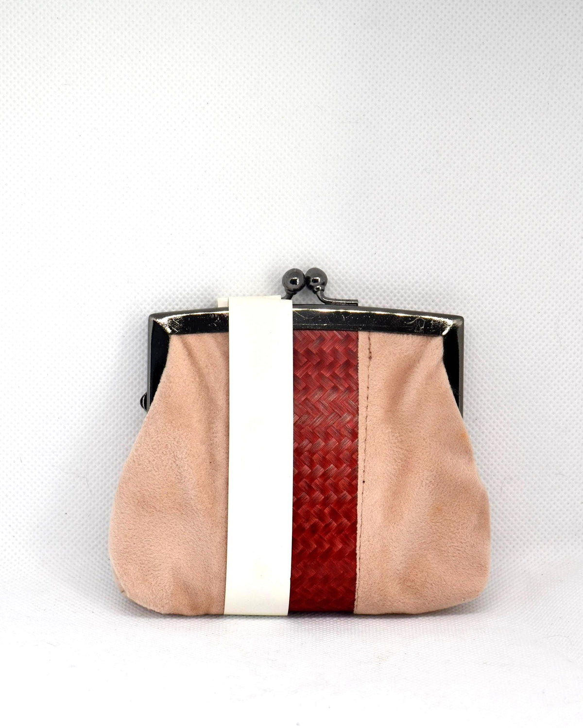 Lacquered Bamboo Gamaguchi Coin Purse Red And Tan shown from the back against a white background