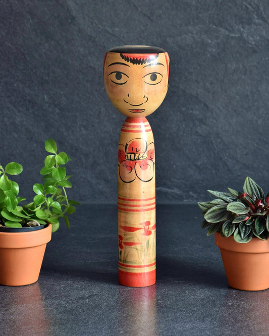 Saito Tokuju Nakanosawa Takobozu Kokeshi Doll, traditional Japanese wooden kokeshi doll with floral motifs