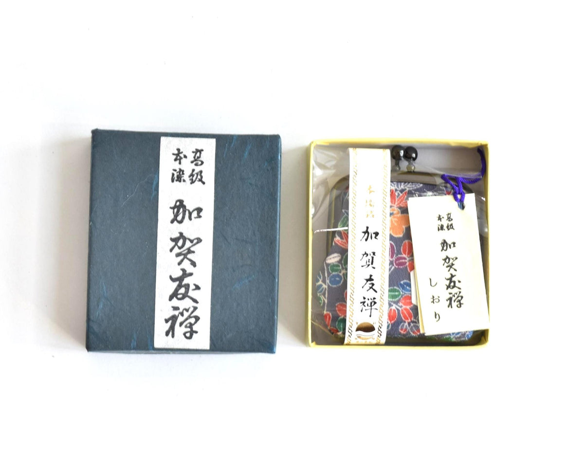 Kaga Yuzen Silk Gamaguchi Coin Purse shown inside its original presentation box with attached tag