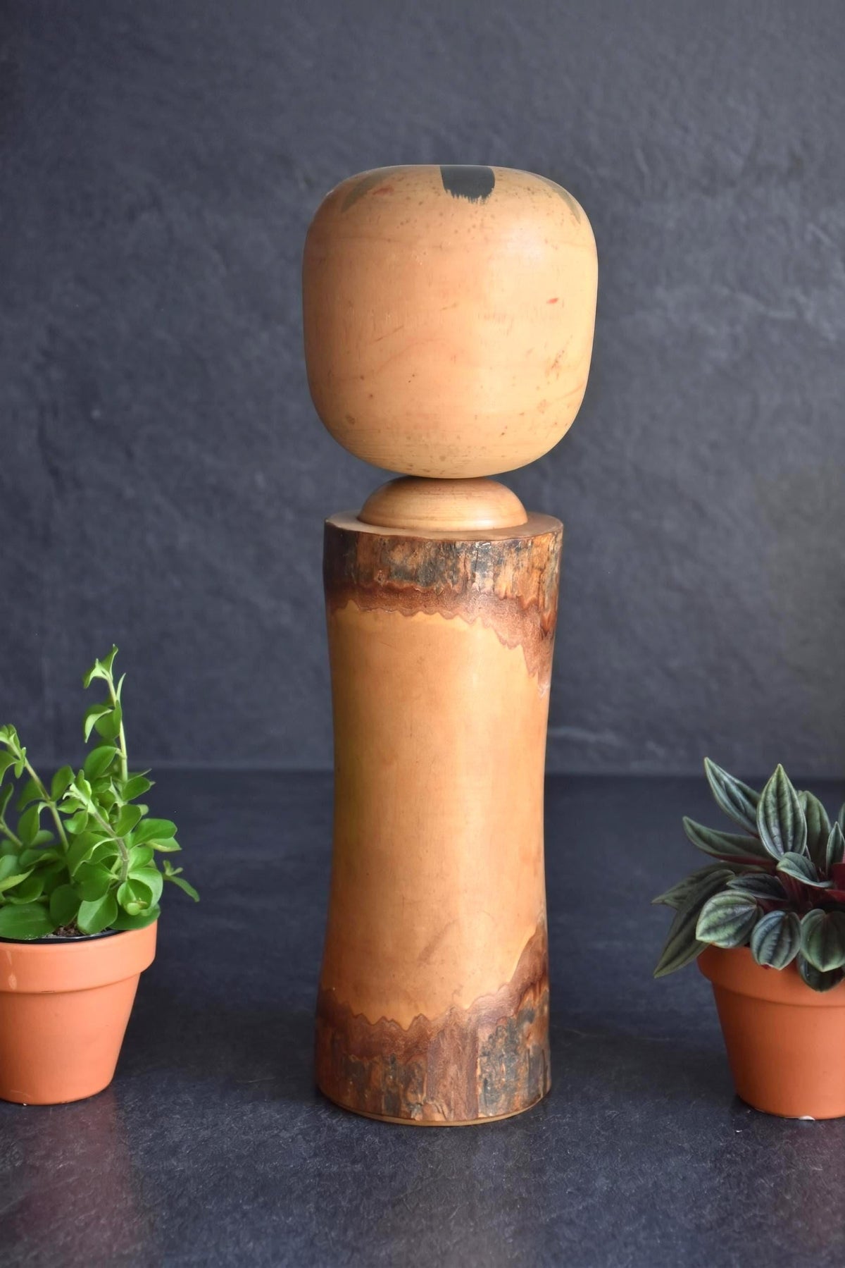 Large Wooden Kokeshi Doll Landscape Calligraphy back view showing plain wood grain