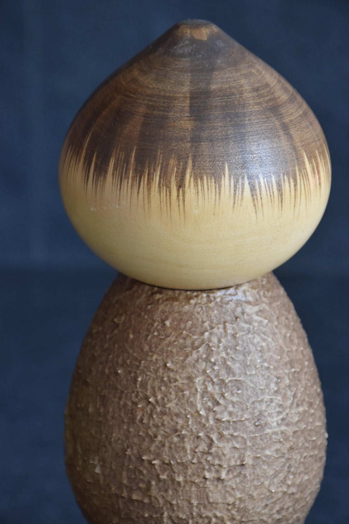 Masao Watanabe Sosaku Kokeshi Doll Mushin close up of top of head with dark painted hair details