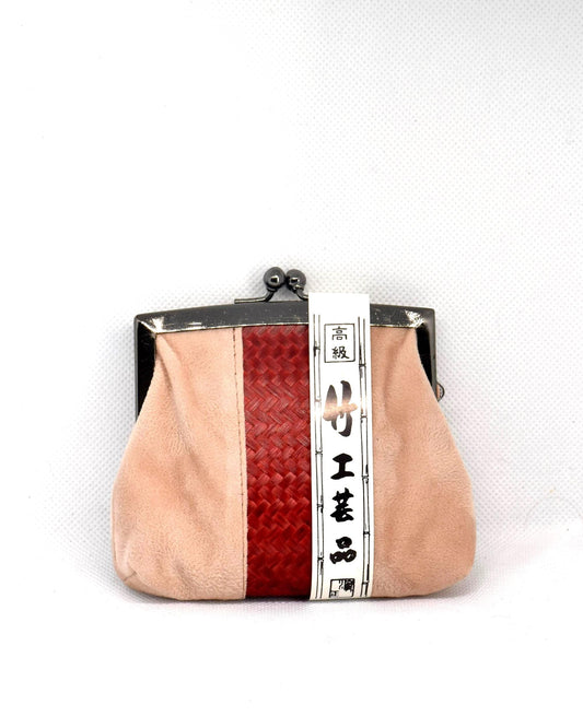 Lacquered Bamboo Gamaguchi Coin Purse Red And Tan traditional Japanese folk craft with bamboo weaving and paper label