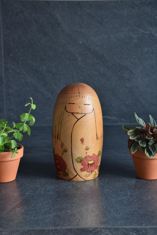 Yoshio Otani Sosaku Kokeshi Camellia Flower Doll made by award-winning modern Japanese craft artist