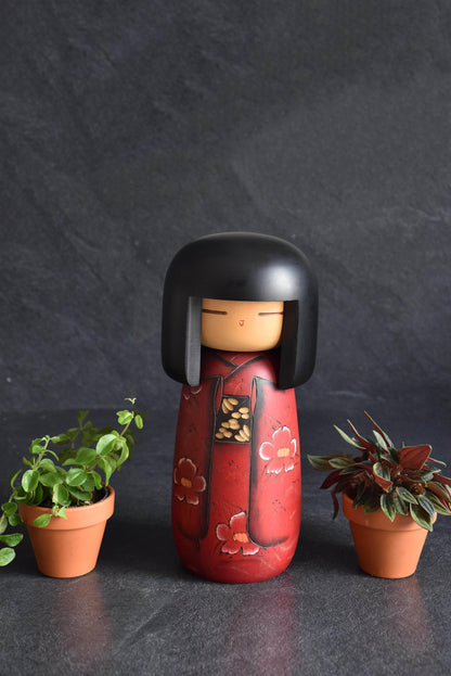 Masae Fujikawa Sosaku Kokeshi Camellia Motif vintage Japanese creative wooden doll with black bob and red kimono