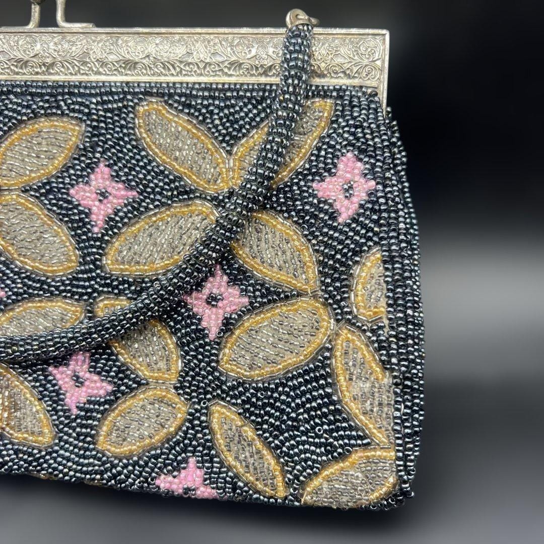 Japanese beaded handbag angled view showcasing the intricate glass seed bead patterns