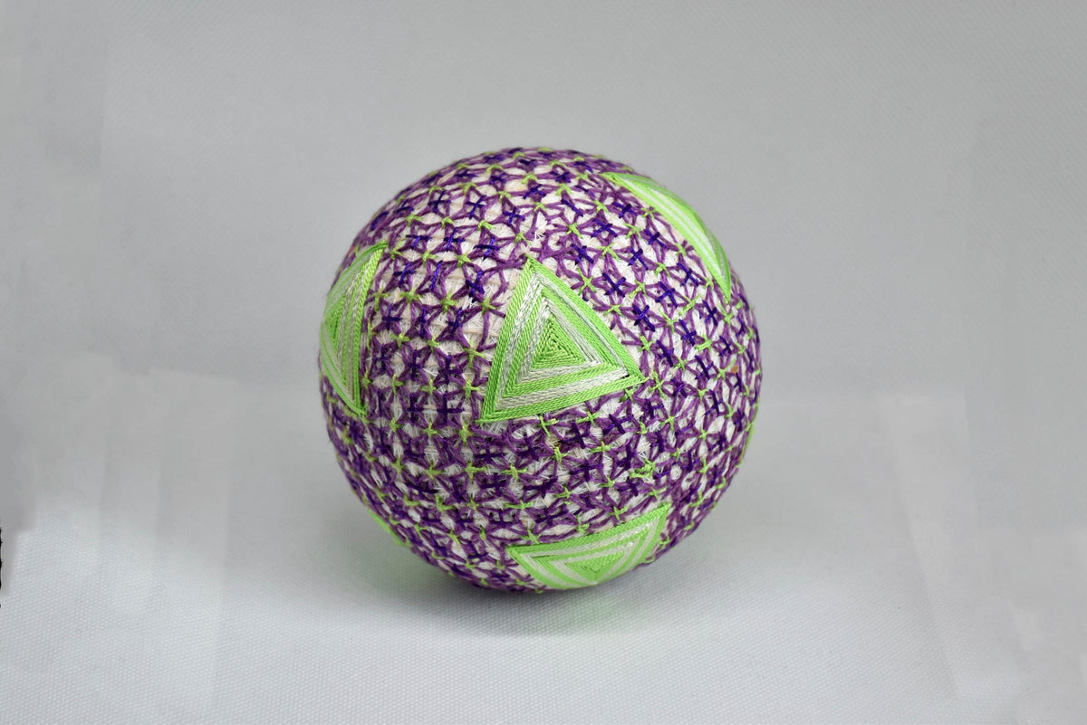 Hand-Embroidered Japanese Temari Ball Folk Art angled view.