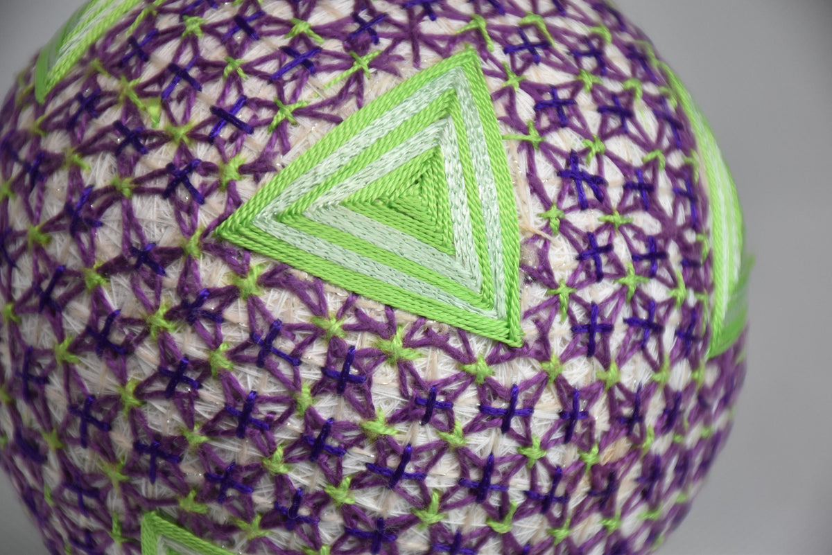 Hand-Embroidered Japanese Temari Ball Folk Art close up of triangular embroidered pattern.