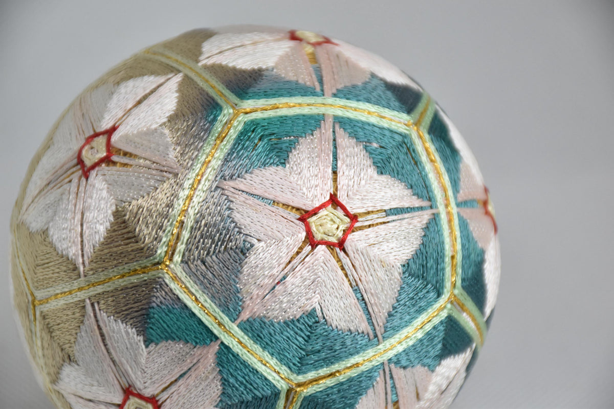 Hand-Embroidered Japanese Temari Folk Art Ball table scatters, pattern detail of geometric stitching