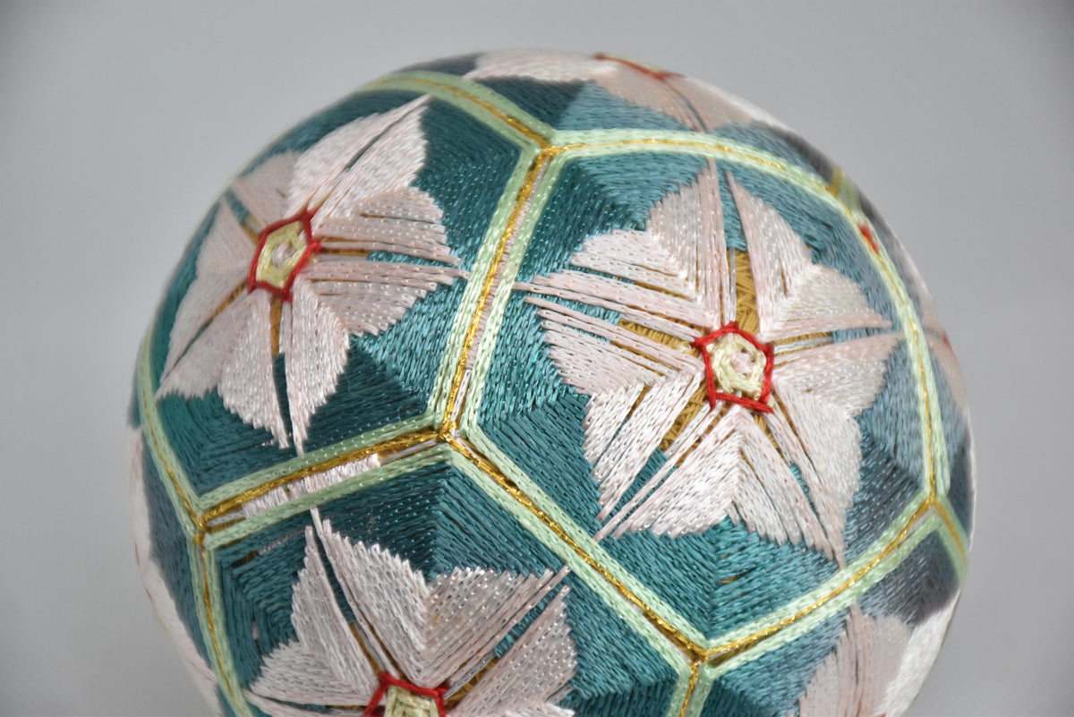 Hand-Embroidered Japanese Temari Folk Art Ball table scatters, pattern detail of turquoise sections