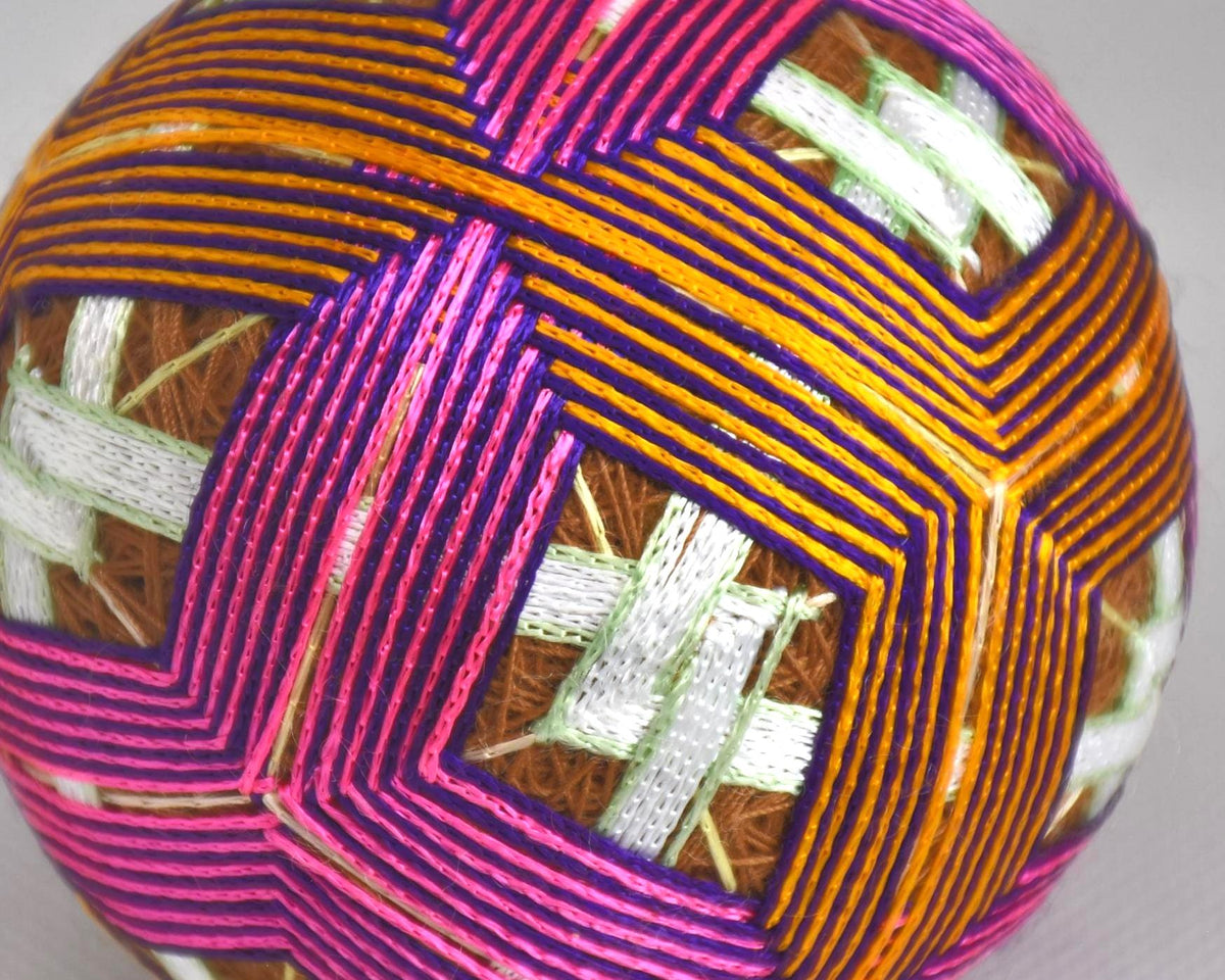 Hand-Embroidered Japanese Temari Ball Folk Art close up of the geometric stitching