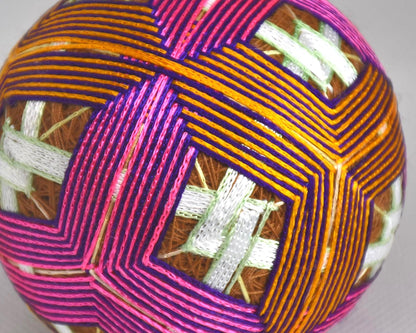 Hand-Embroidered Japanese Temari Ball Folk Art close up of the geometric stitching
