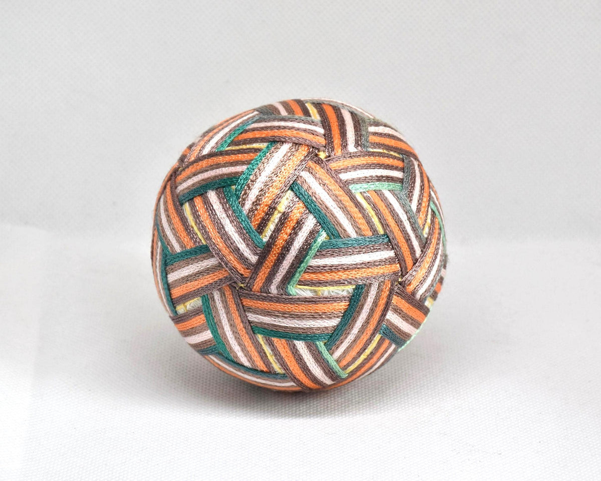Hand-Embroidered Japanese Temari Ball folk art table scatter showing the back side with geometric thread patterns