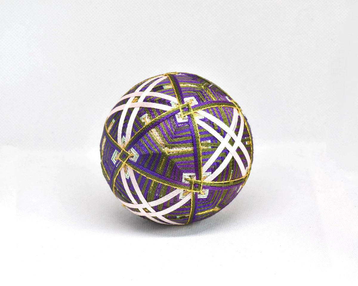 Hand-Embroidered Japanese Temari Ball Folk Art in vibrant colorful threads with intricate geometric embroidery