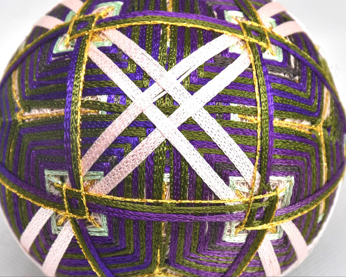 Hand-Embroidered Japanese Temari Ball Folk Art showing a close-up angle of the intricate geometric thread work