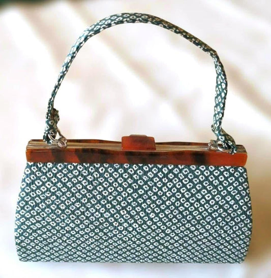 Shibori Indigo Silk Kimono Clutch Handbag with blue-green tie-dyed silk textile and handle
