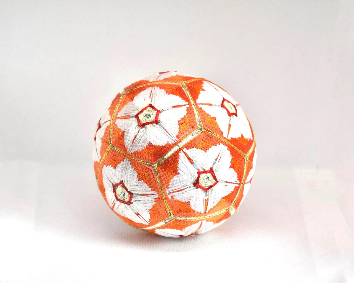 Hand-Embroidered Japanese Temari Ball Folk Art angled view displaying vibrant threads