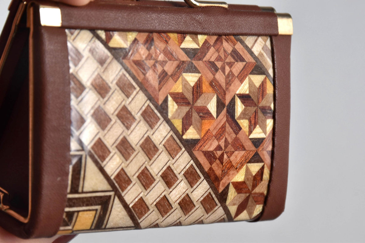 Yosegi Zaiku coin purse close up of natural wood geometric pattern detail