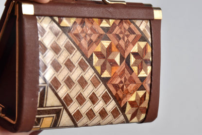 Yosegi Zaiku coin purse close up of natural wood geometric pattern detail