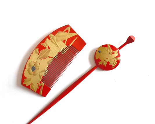 Red Lacquer Kanzashi Set: Origami Crane And Peony traditional Japanese hair accessories