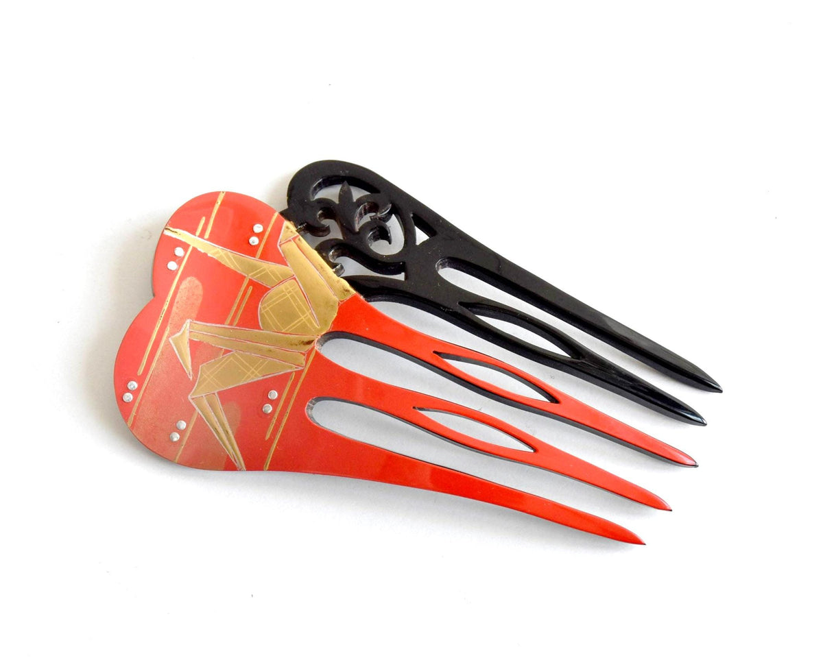 Kanzashi Hair Comb Origami Crane Red And Black Lacquer hair accessory with vintage Japanese design