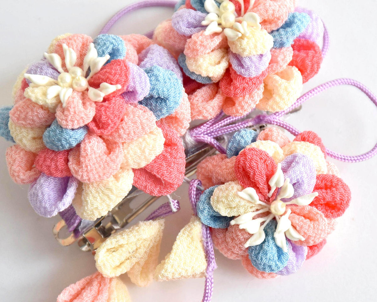 Chirimen Crepe Tsumami-Zaiku Floral Kanzashi Barette close-up of the folded flower petals