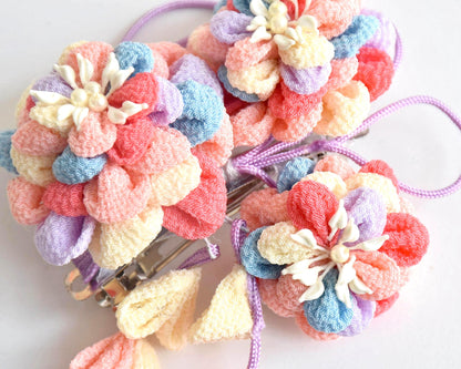 Chirimen Crepe Tsumami-Zaiku Floral Kanzashi Barette close-up of the folded flower petals