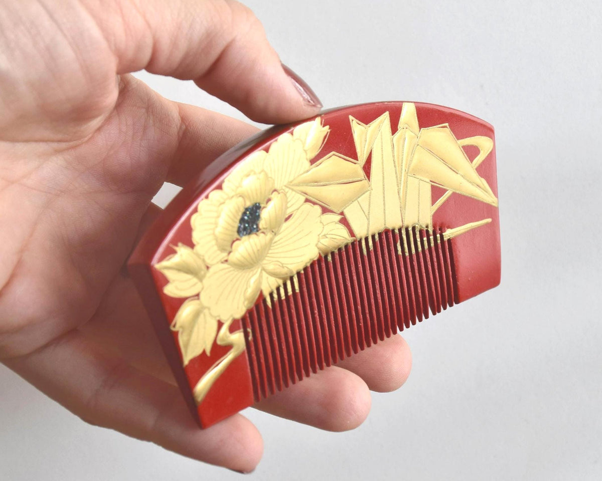 Red Lacquer Kanzashi Set hair accessories comb shown in hand for scale