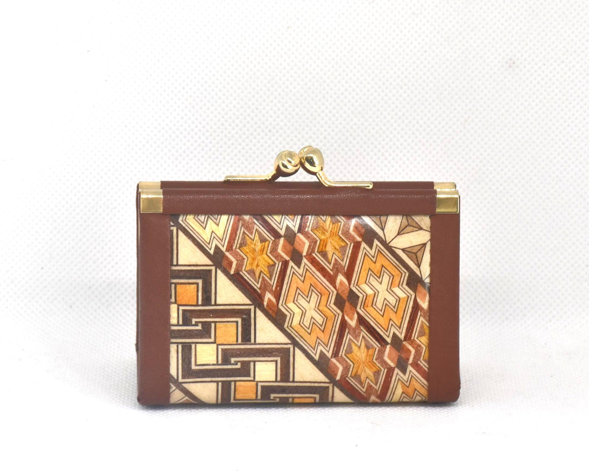 Yosegi Zaiku coin purse showing front geometric marquetry pattern