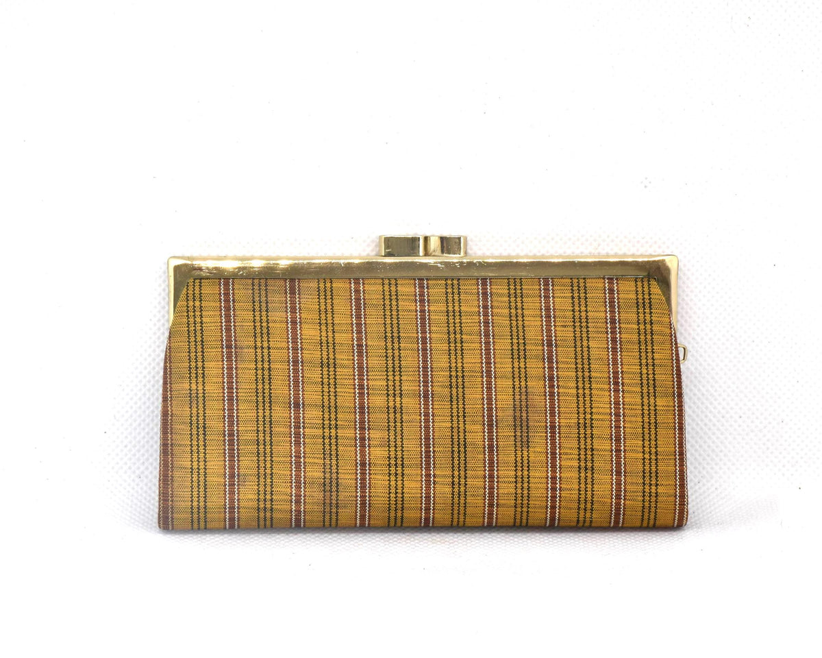 Kihachijo silk coin purse back view with yellow and brown striped pattern
