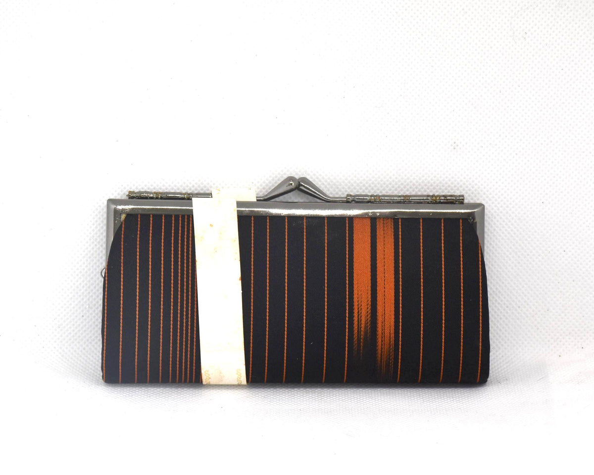Nishijin-Ori Silk Gamaguchi Purse Black Copper Stripe back view with striped silk fabric
