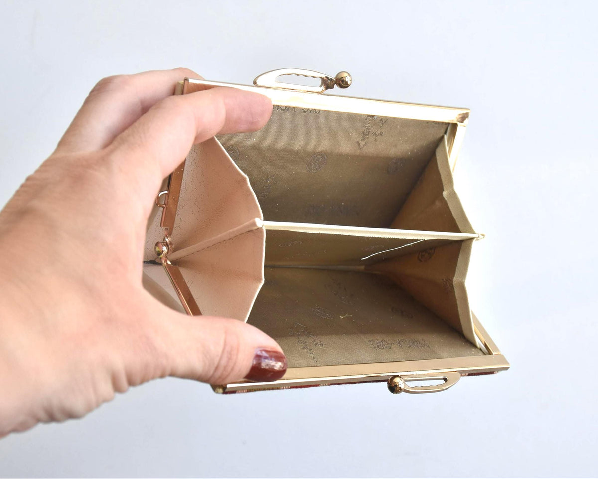 Yaeyama Minsa-Ori coin purse open interior showing two compartments and branded fabric lining