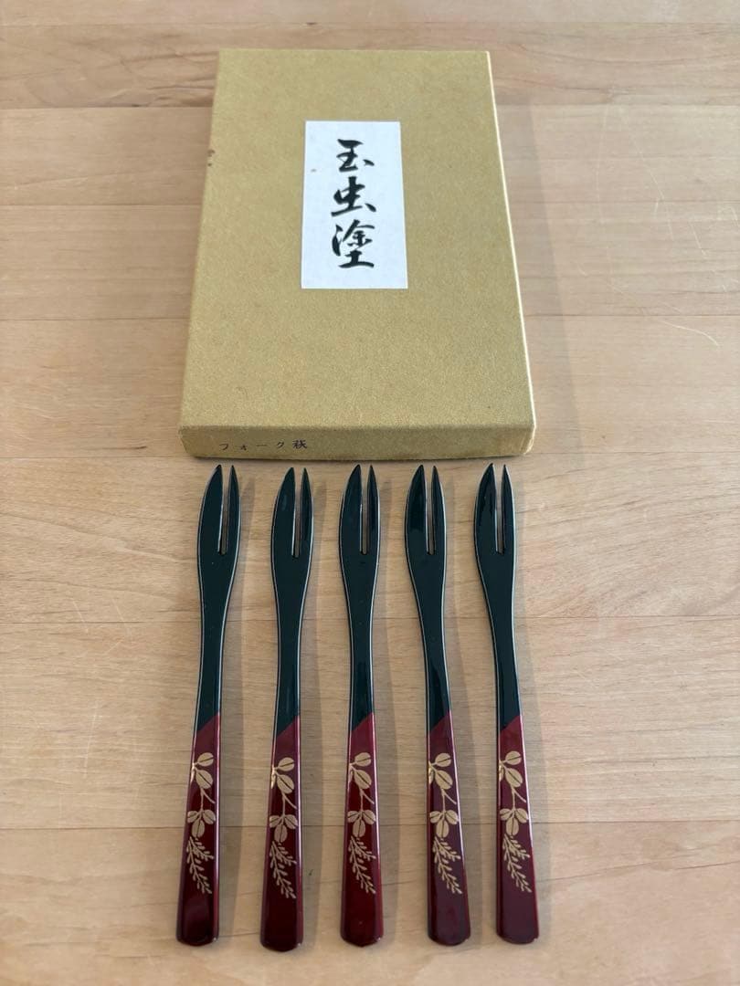 Tamamushi Lacquerware Forks Hagi Motif Set Of 5 Sendai lacquer dessert forks with original presentation box