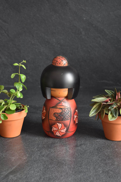 Masae Fujikawa Sosaku Kokeshi Red Floral Kimono