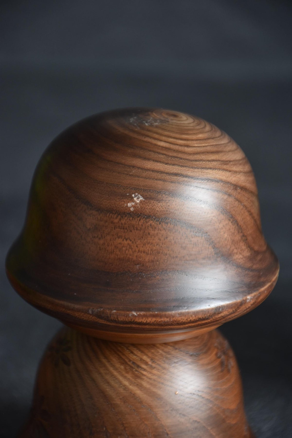 Takeda Masashi kokeshi doll showing head top and wood grain