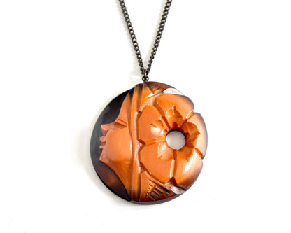 Ainu Hand-Carved Wooden Floral Medallion Necklace from Hokkaido Japan