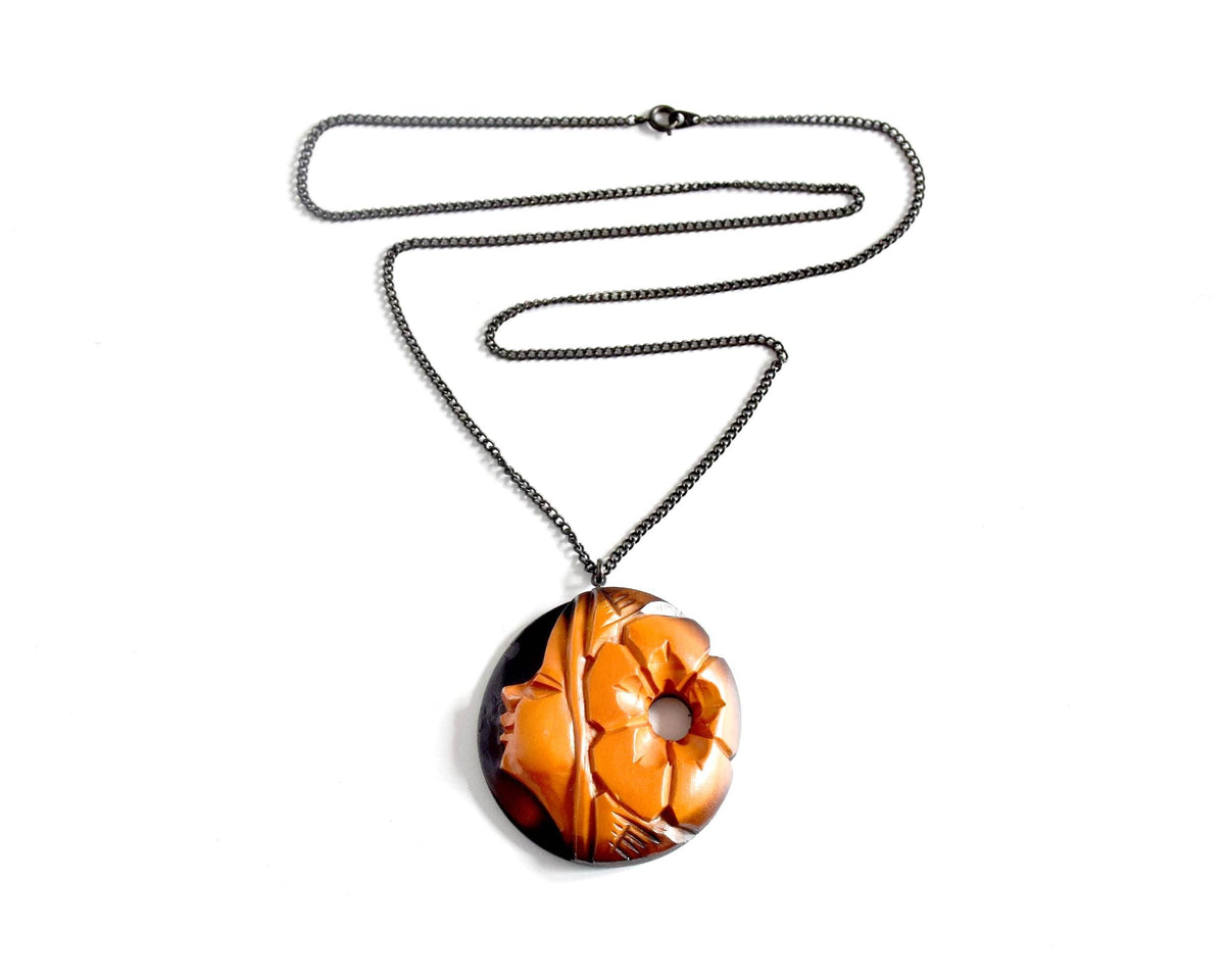 Ainu hand-carved wooden floral medallion necklace full length with chain