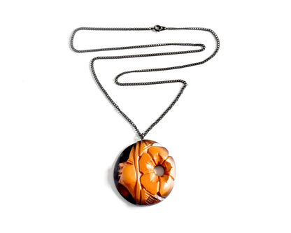 Ainu hand-carved wooden floral medallion necklace full length with chain